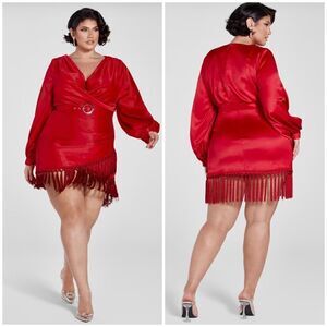 FTF Belted Satin Mini Dress With Tassels